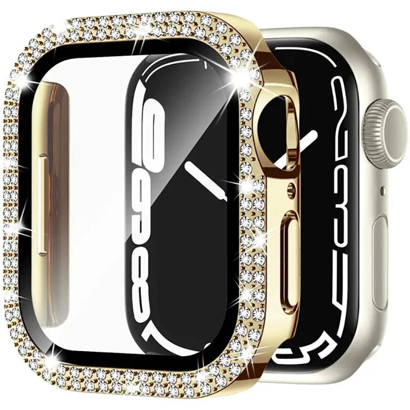 Apple Watch case with double diamond glass peep-proof screen protector in rose gold colour for a 44mm model.