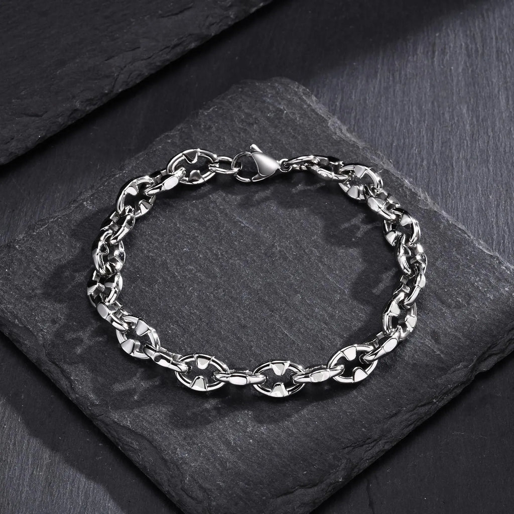 Men's stainless steel thick chain bracelet with geometric design and steel colour finish