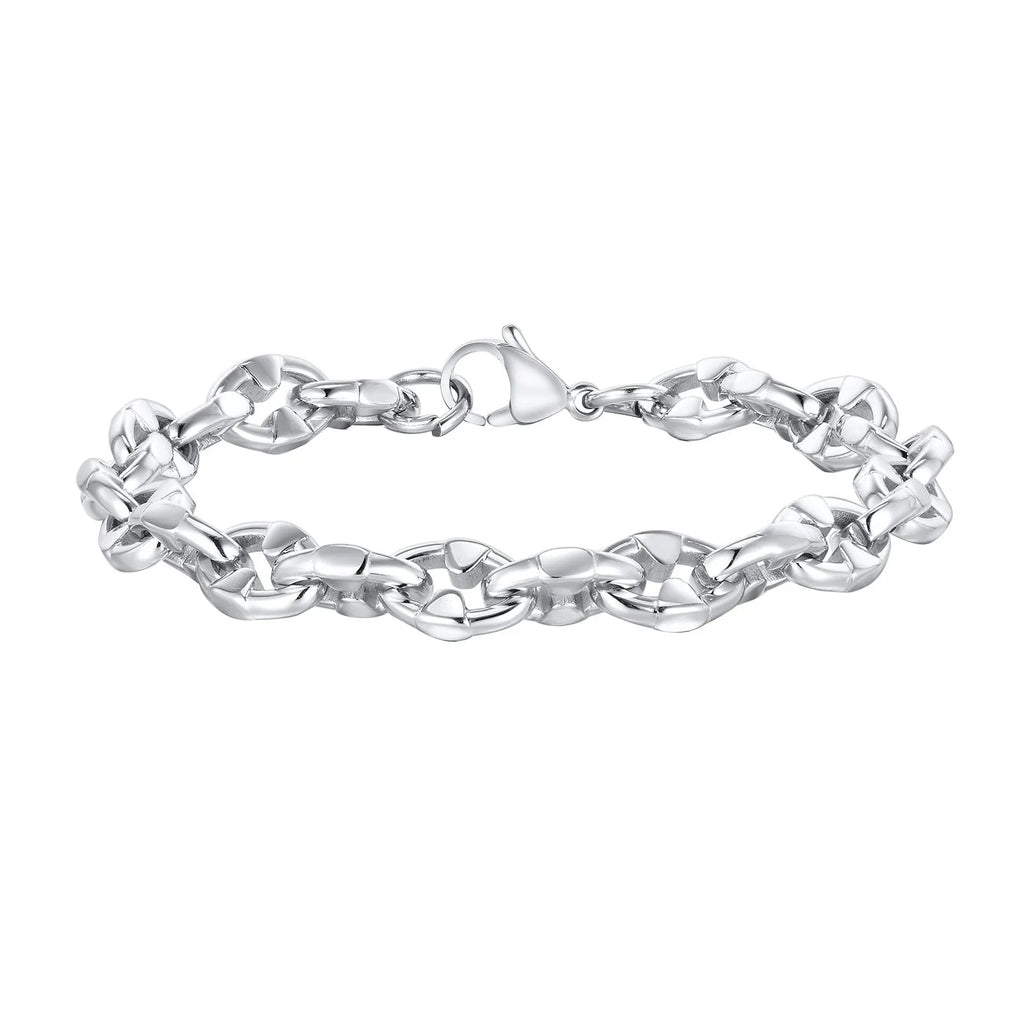 Men's stainless steel thick chain bracelet with geometric design and steel colour finish