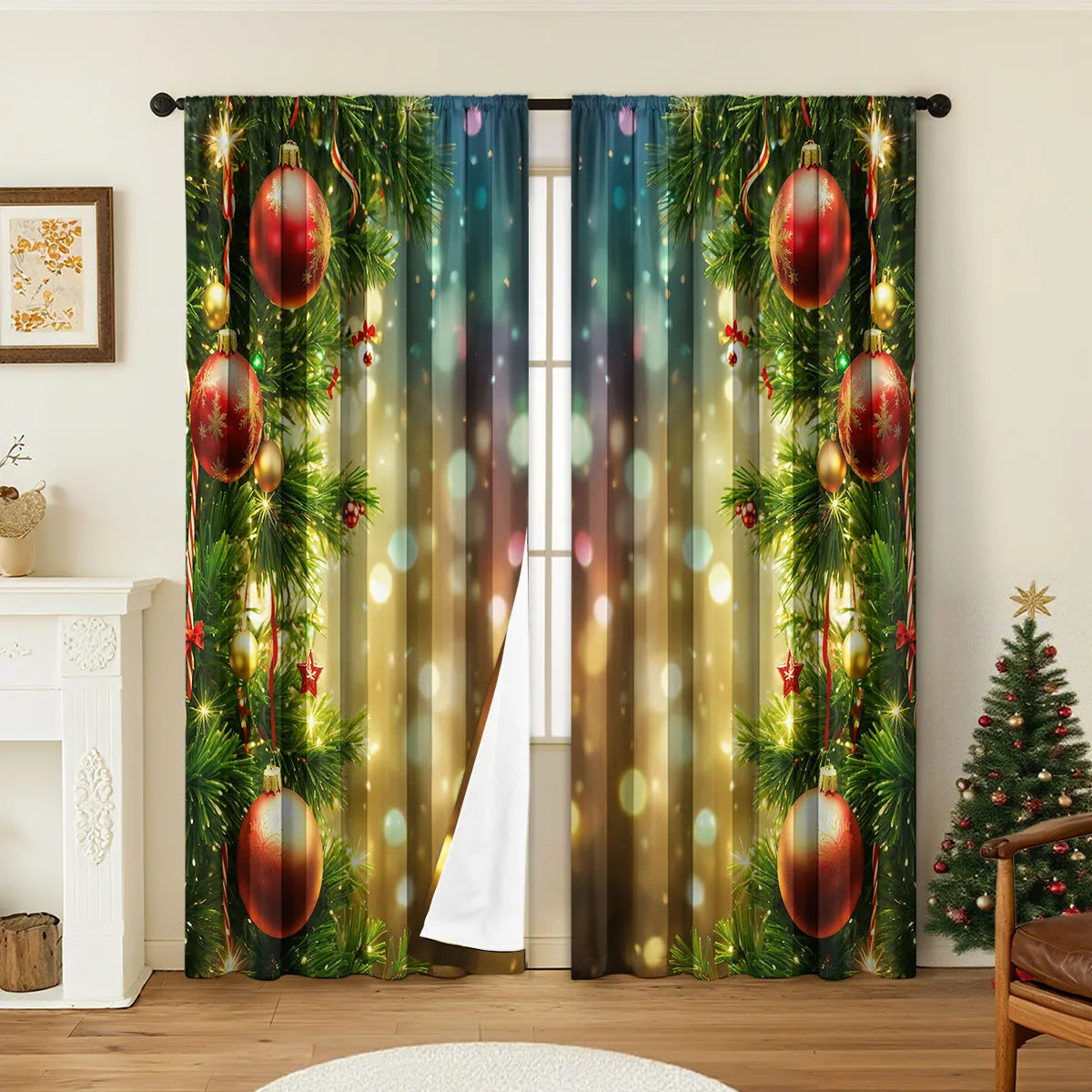 A pair of 3D digitally printed Christmas curtains with festive patterns, made from polyester fabric.