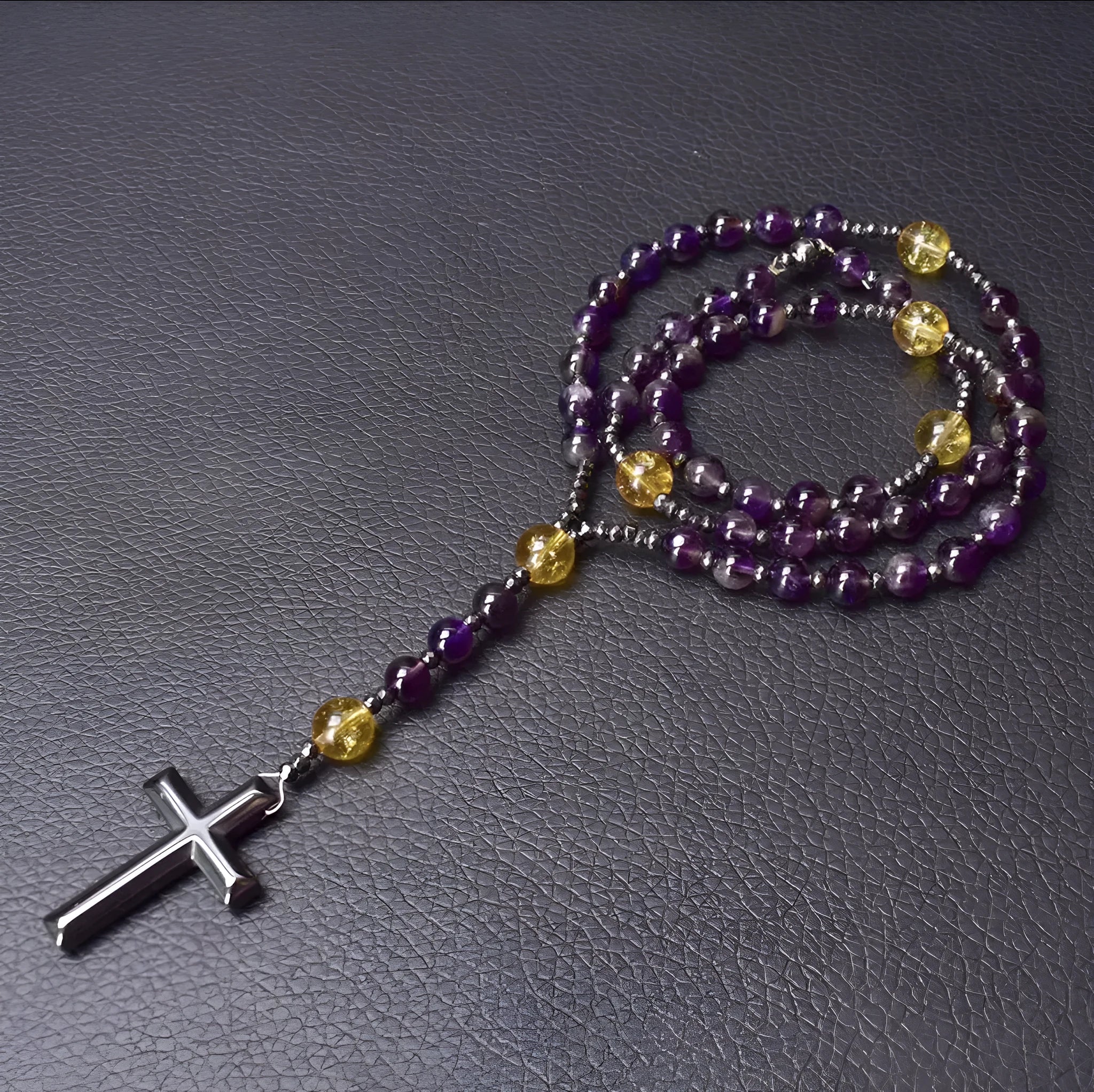 Men's stone cross pendant necklace on an 80cm ball bead chain with a safety lock.