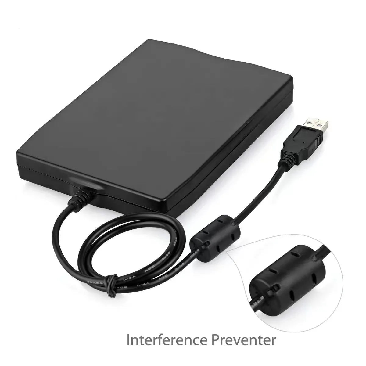 Black external USB 3.5-inch floppy disk drive on a desk for reading diskettes