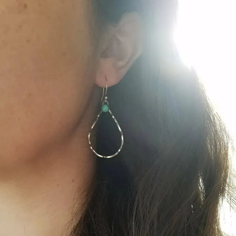 Turquoise geometric circle earrings with antique silver finish in bohemian vintage style