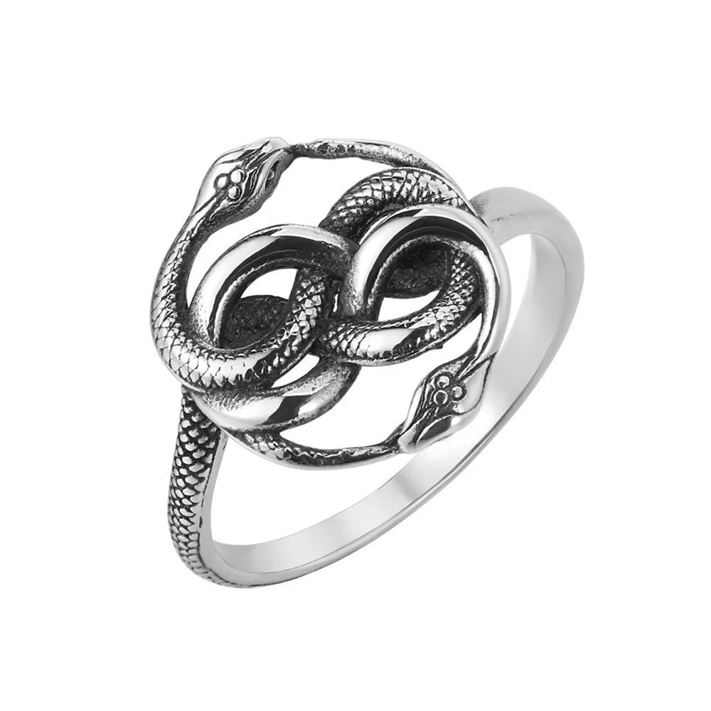 Titanium steel double snake ring with retro European style in steel colour
