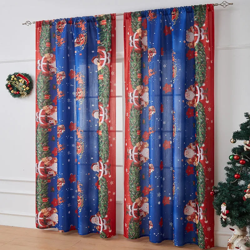 American-style rectangular polyester curtain with Christmas print patterns in red and blue colour schemes