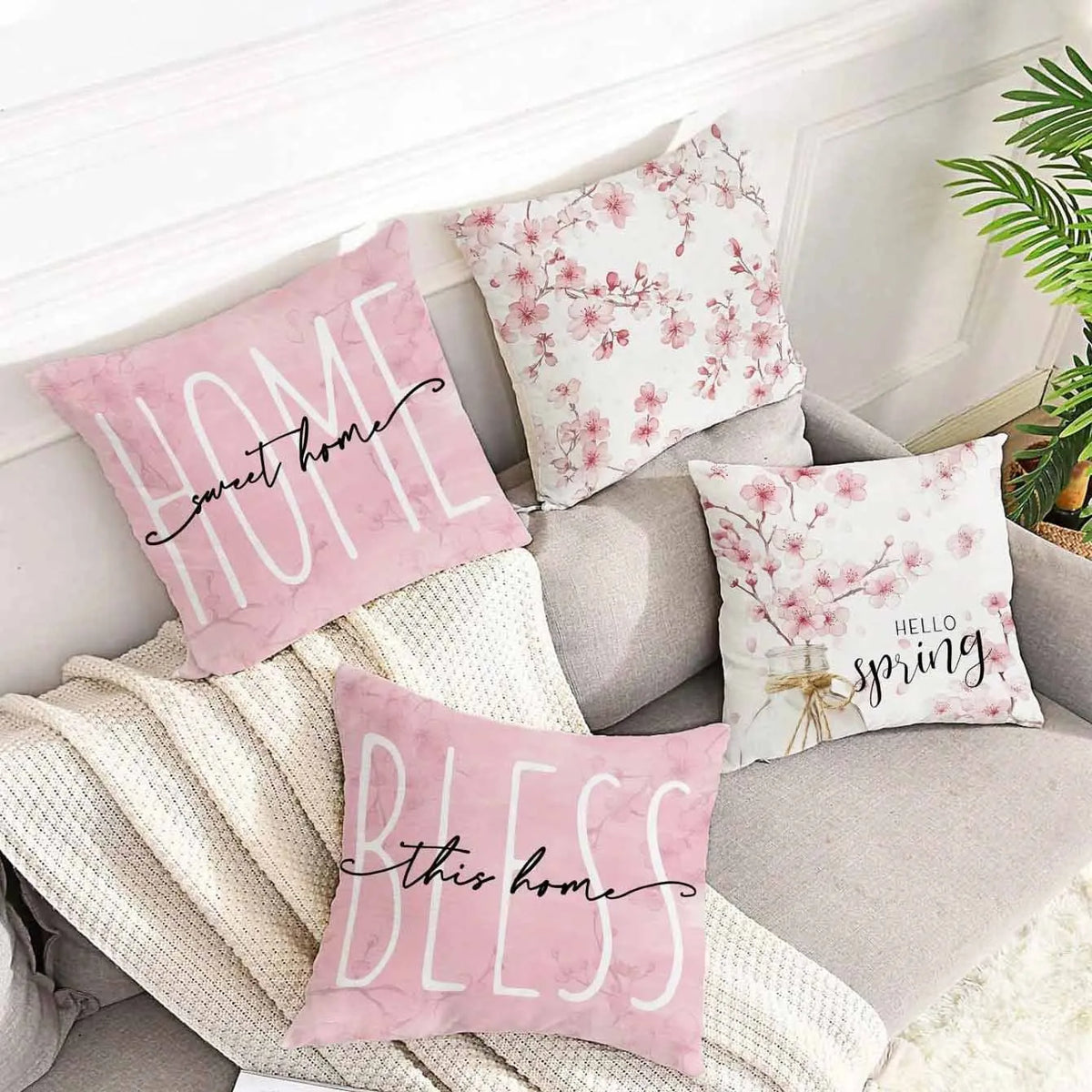 45cm square short velvet cushion cover with detailed cherry blossom and script letter floral print design.