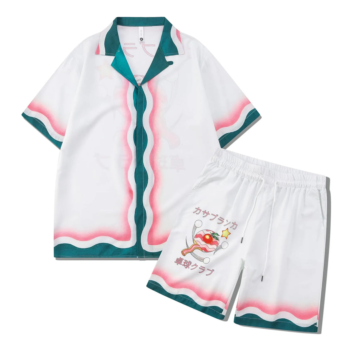Plaid pattern beach outfit set with short sleeve shirt and matching shorts on mannequin