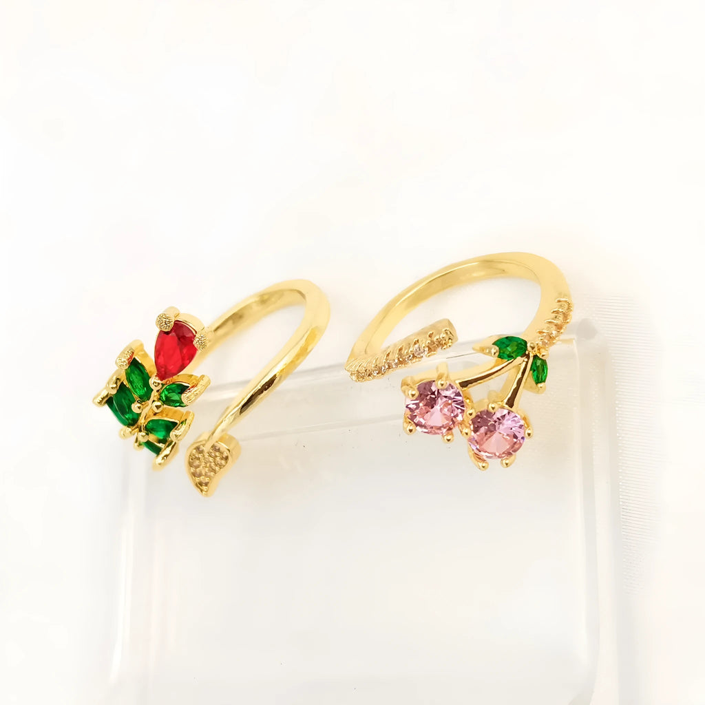Gold plated copper geometric open ring with zircon leaf design and adjustable sizing