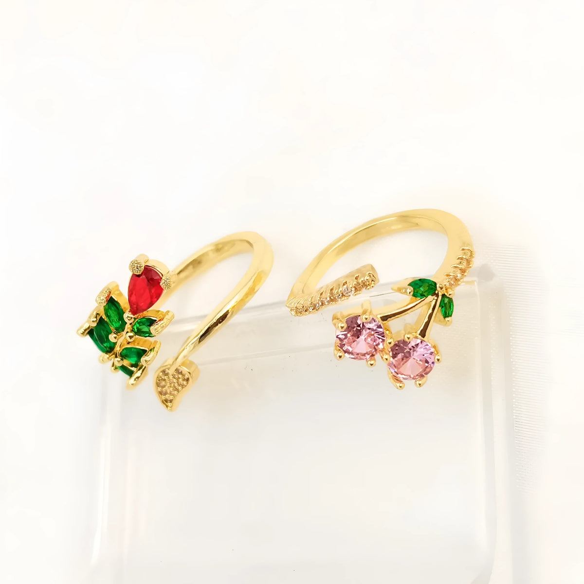 Gold plated copper geometric open ring with zircon leaf design and adjustable sizing