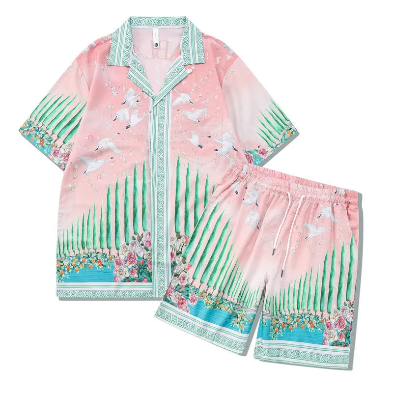 Plaid pattern beach outfit set with short sleeve shirt and matching shorts on mannequin