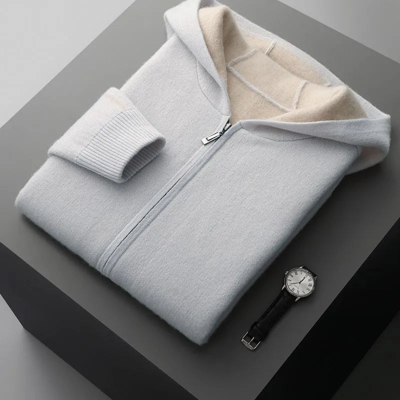 Men's dark blue cashmere half-high collar zipper cardigan sweater with long sleeves