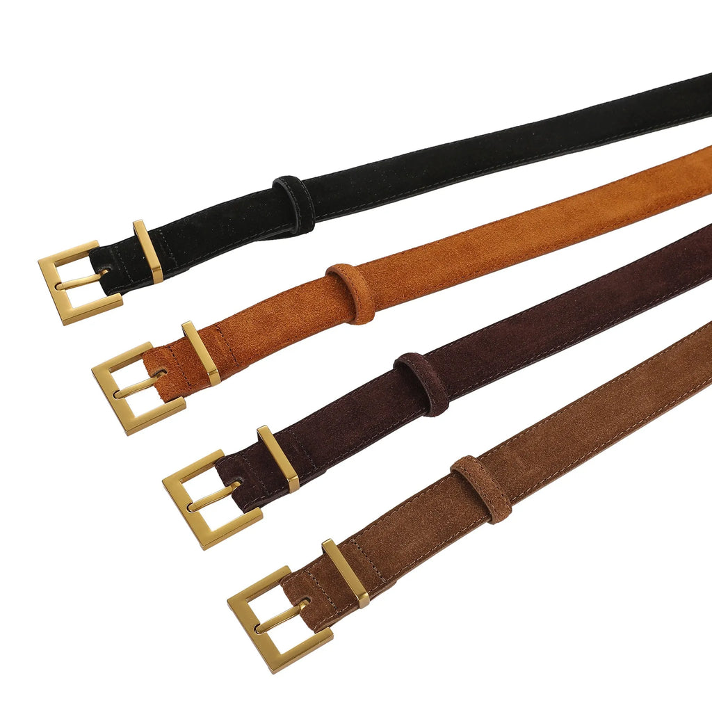 Ladies brown leather belt with quadrilateral alloy pin buckle showing 100cm length