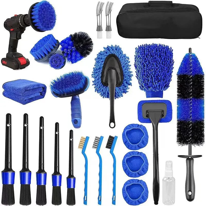 26-piece car wash brush set with tyre brush for automotive cleaning