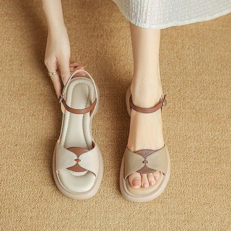 Women's khaki chunky heel platform open toe sandals made from renewable leather