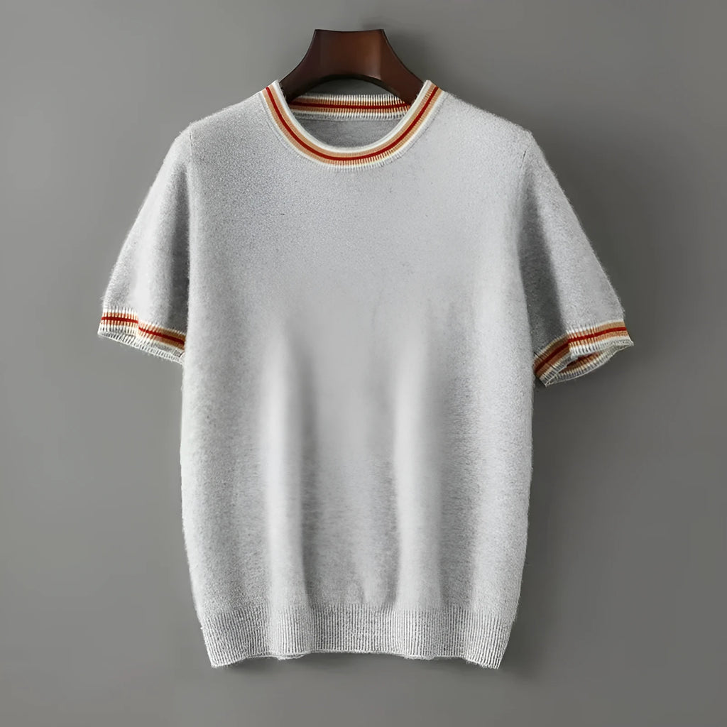Men's short sleeve pure wool sweater in round neck pullover style, shown in grey