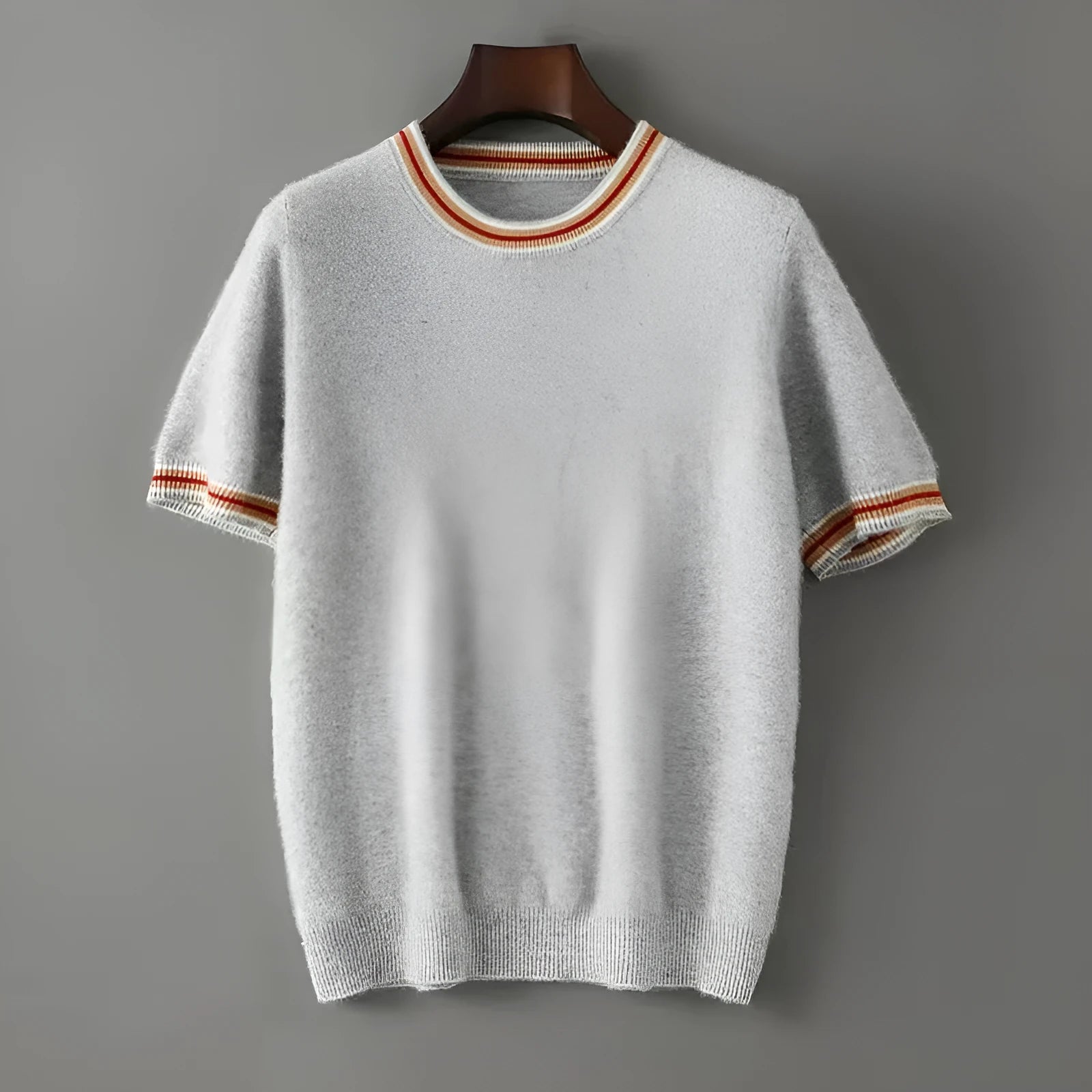 Men's short sleeve pure wool sweater in round neck pullover style, shown in grey