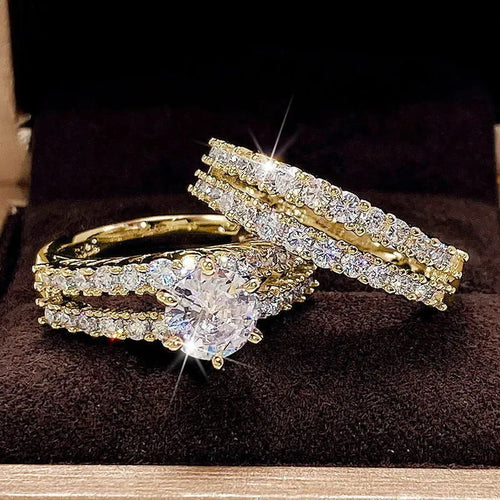 2 in 1 female ring set with fashion and fully-jewelled designs in three metallic colours
