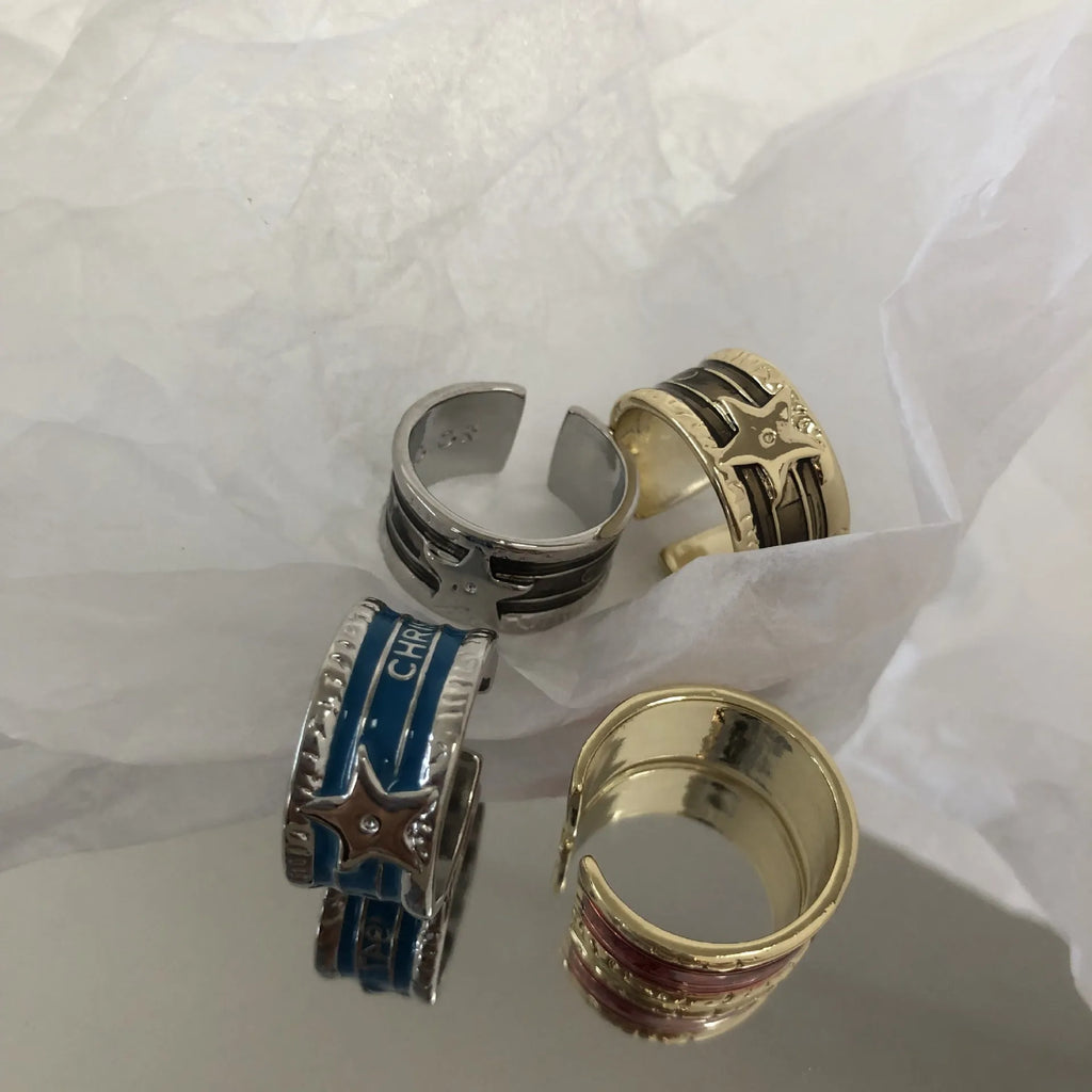 Adjustable geometric copper ring with distressed finish in four colour options