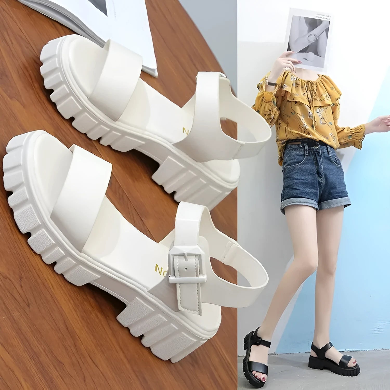 Women's beige peep toe ankle-strap buckle platform sandals in college style on a white background.