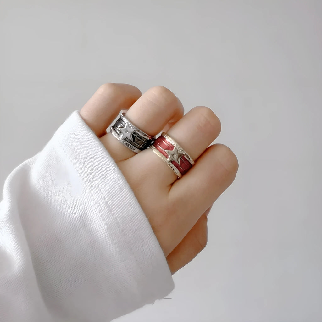 Adjustable geometric copper ring with distressed finish in four colour options