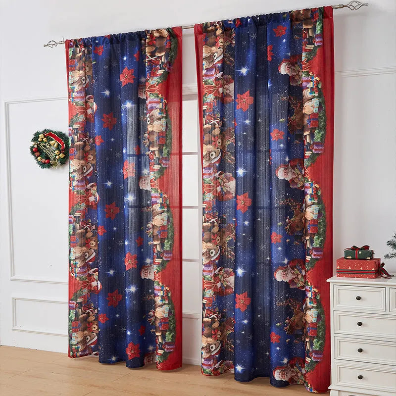 American-style rectangular polyester curtain with Christmas print patterns in red and blue colour schemes