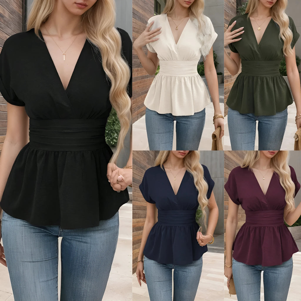 Women's slim fit V-neck polyester summer top in solid colour with short sleeves.