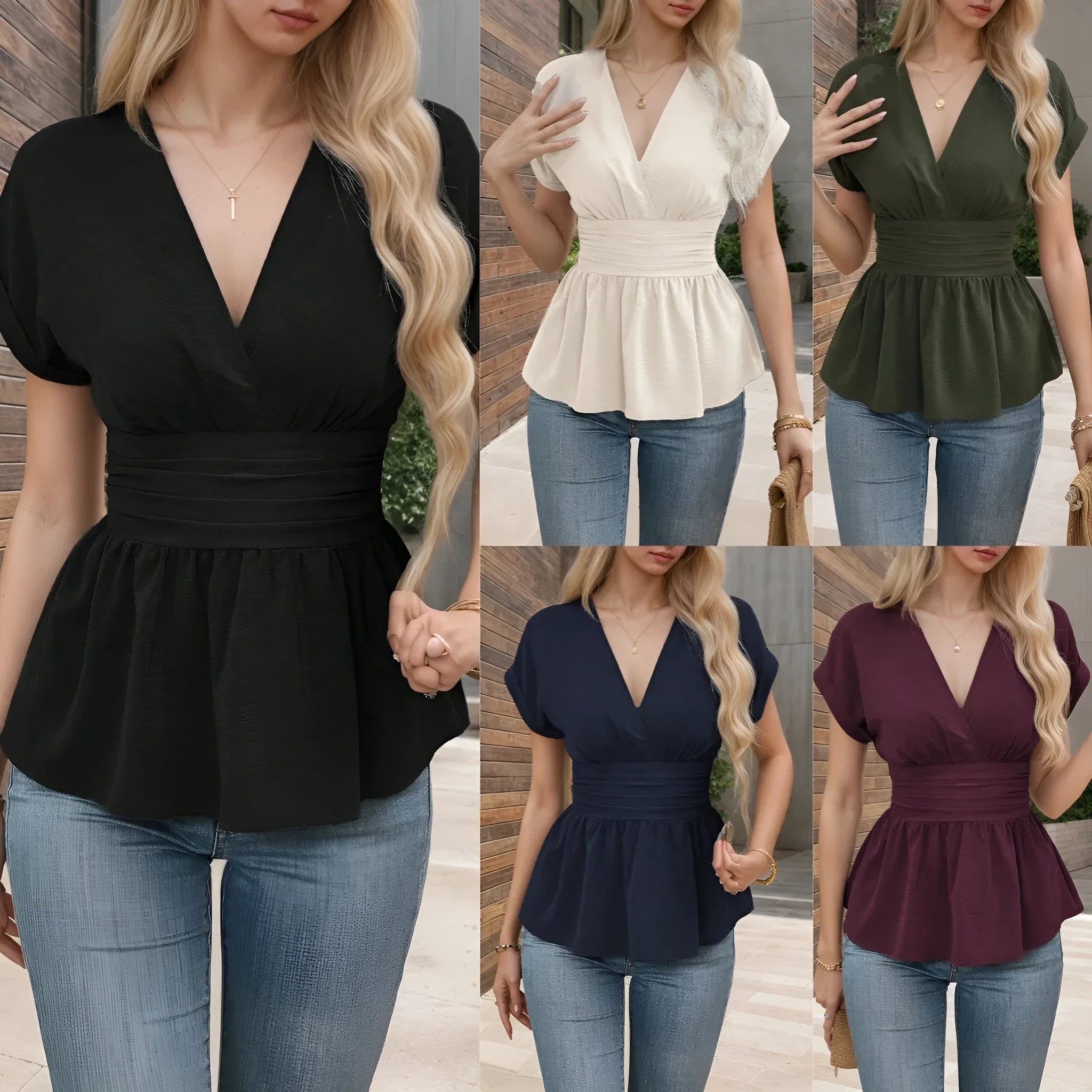 Women's slim fit V-neck polyester summer top in solid colour with short sleeves.