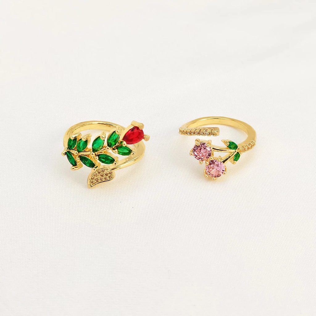 Gold plated copper geometric open ring with zircon leaf design and adjustable sizing