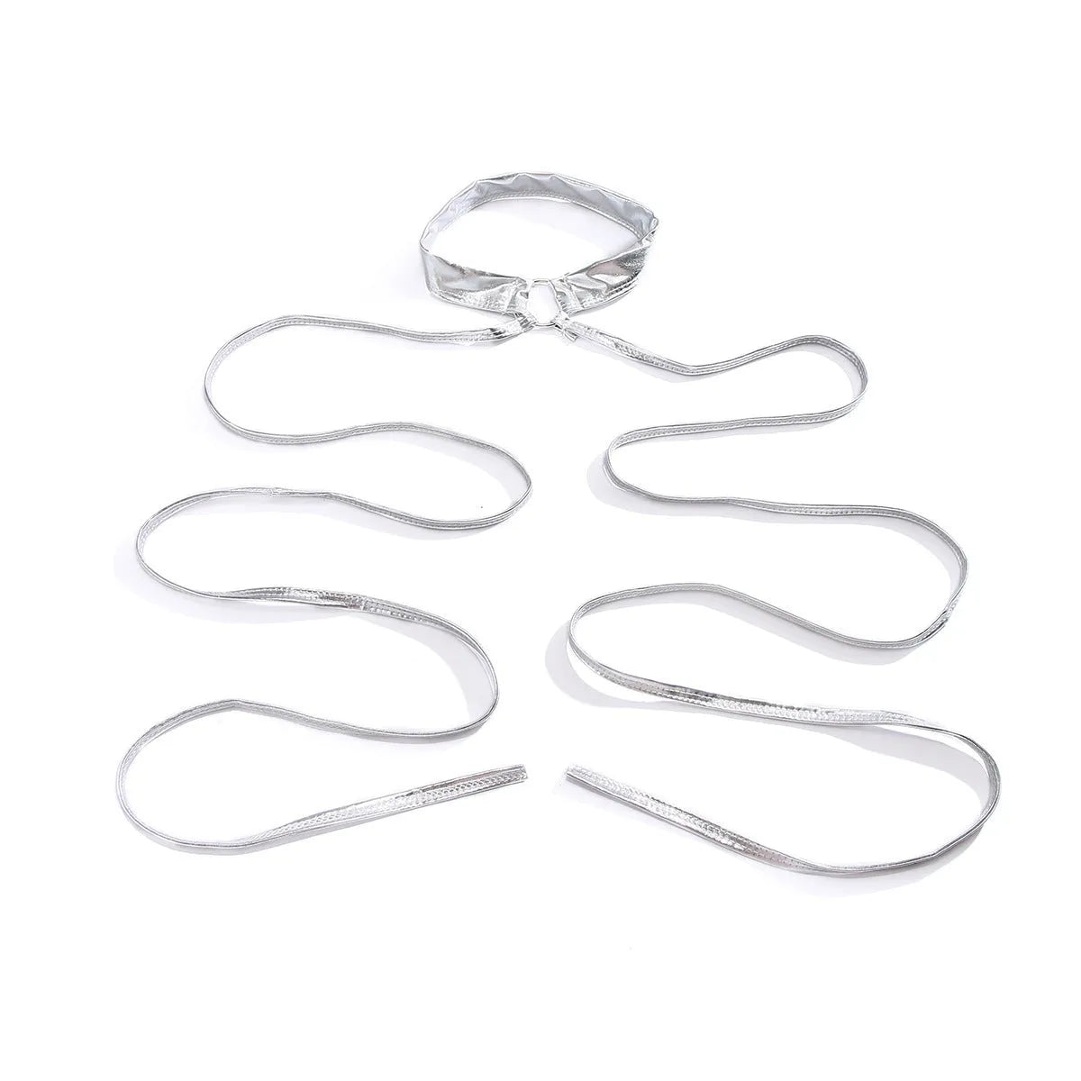 Silver alloy thigh chain with geometric shape and lace-up cross design for adjustable fastening around leg.