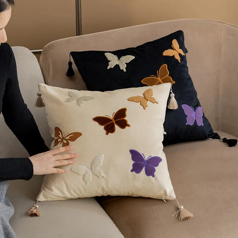 Butterfly embroidery Chinese style cushion 45x45cm in beige, black or purple