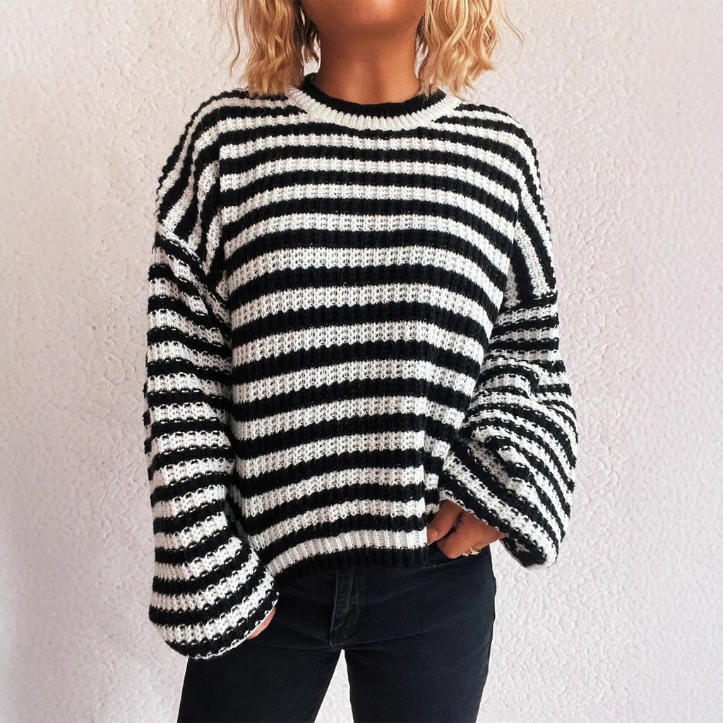 Women's vintage stripe loose pullover sweater in polyester fabric available in multiple colours