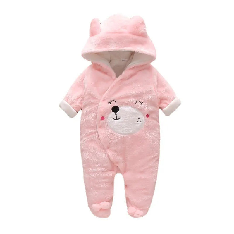 Cartoon bear velvet romper thickened long sleeve baby jumpsuit in white khaki pink grey