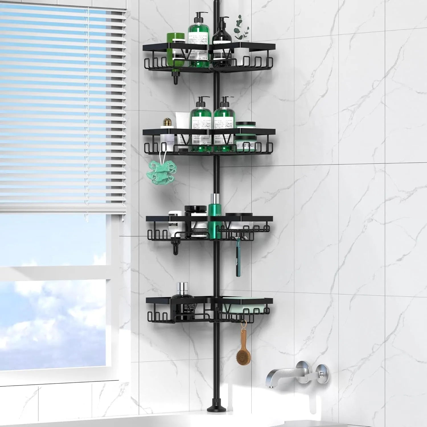 4 layer retractable stainless steel bathroom storage rack with hole-free installation