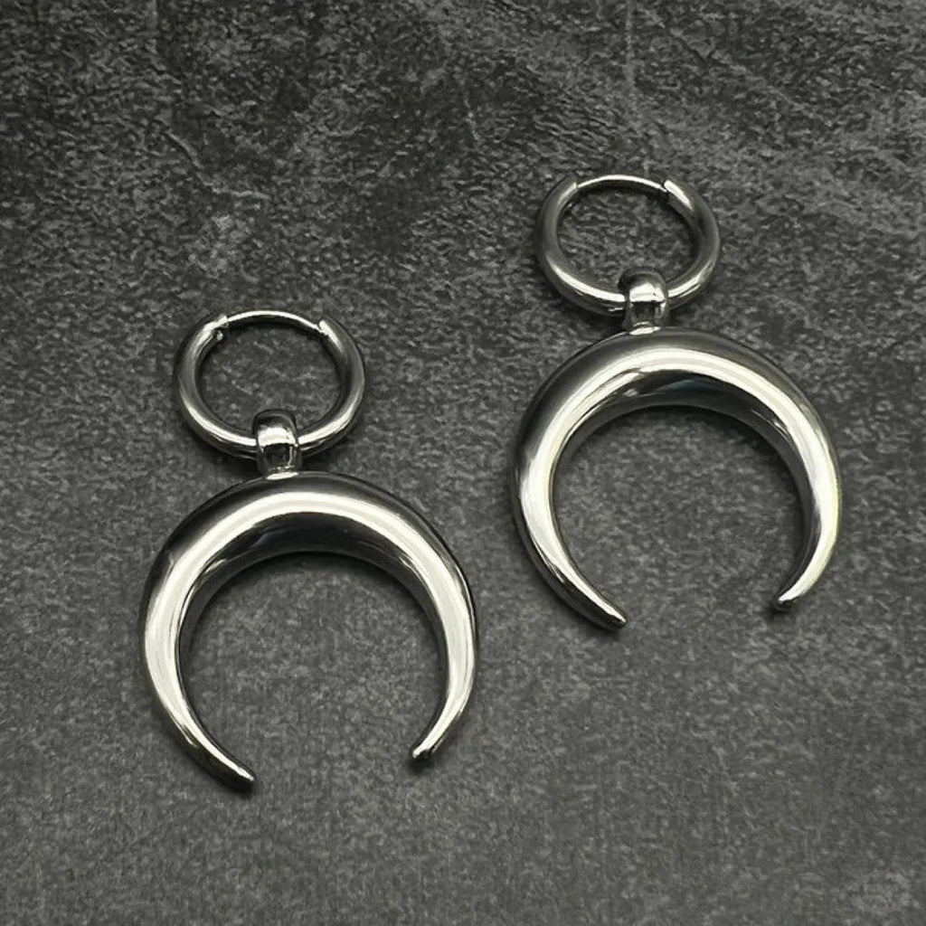 Silver Gothic moon geometric hoop earrings with ear clip fastening