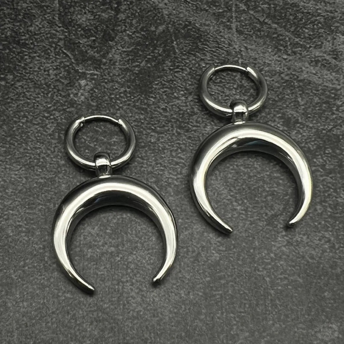 Silver Gothic moon geometric hoop earrings with ear clip fastening