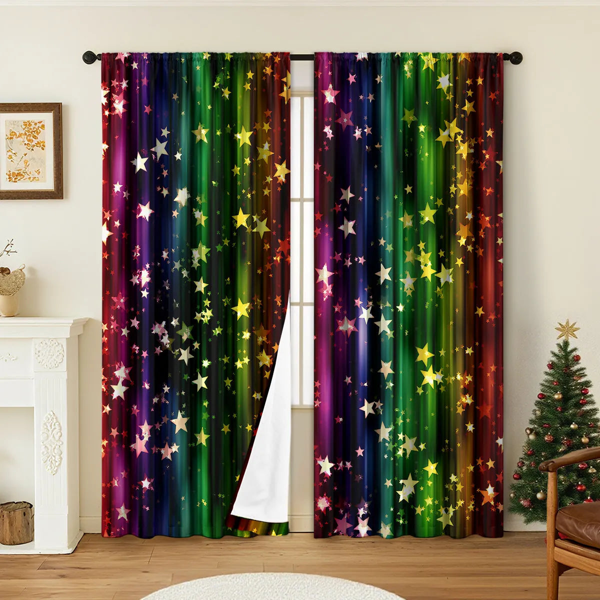A pair of 3D digitally printed Christmas curtains with festive patterns, made from polyester fabric.