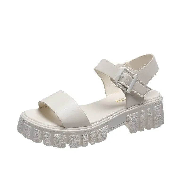 Women's beige peep toe ankle-strap buckle platform sandals in college style on a white background.