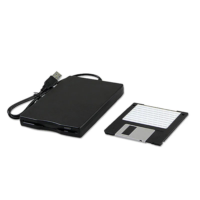Black external USB 3.5-inch floppy disk drive on a desk for reading diskettes