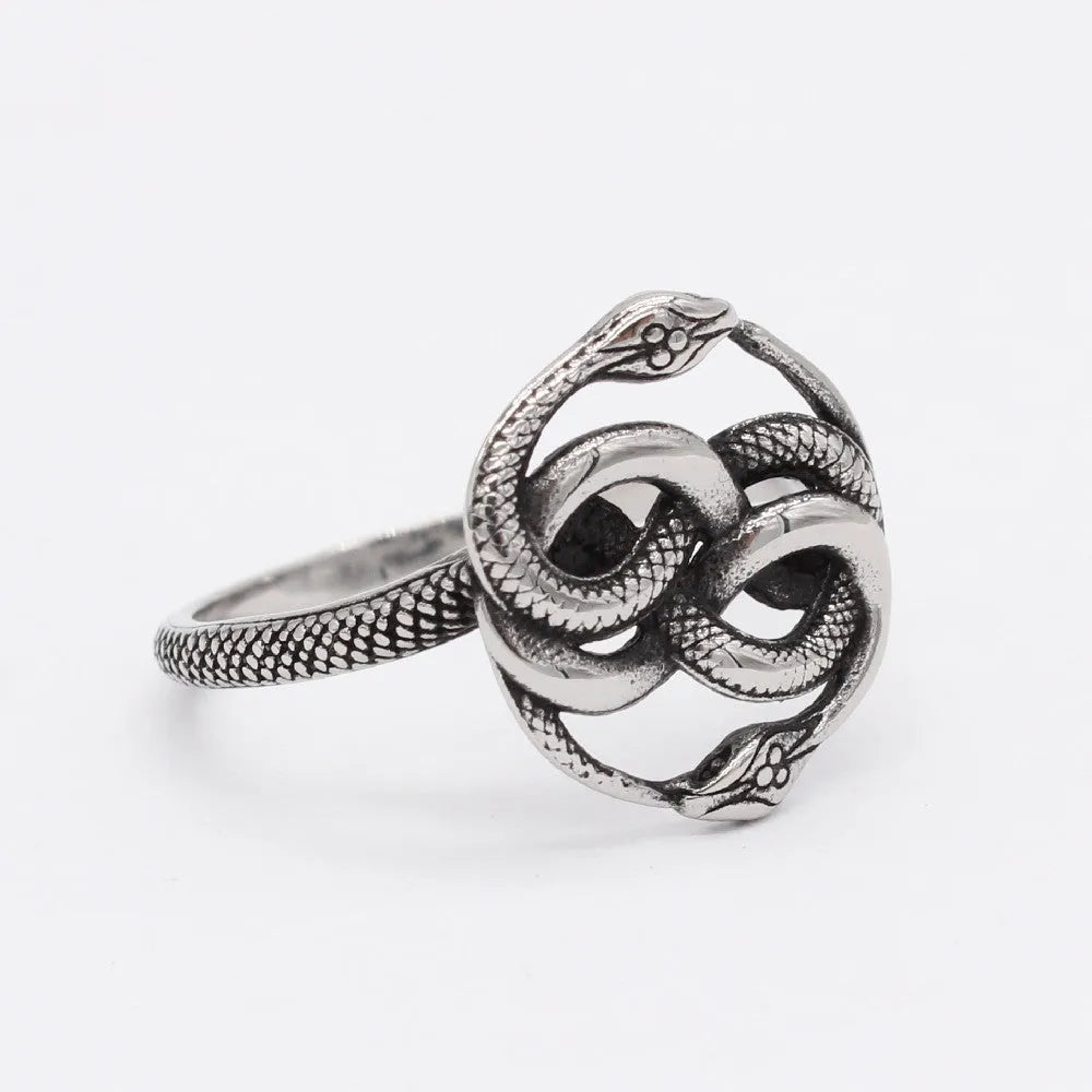 Titanium steel double snake ring with retro European style in steel colour
