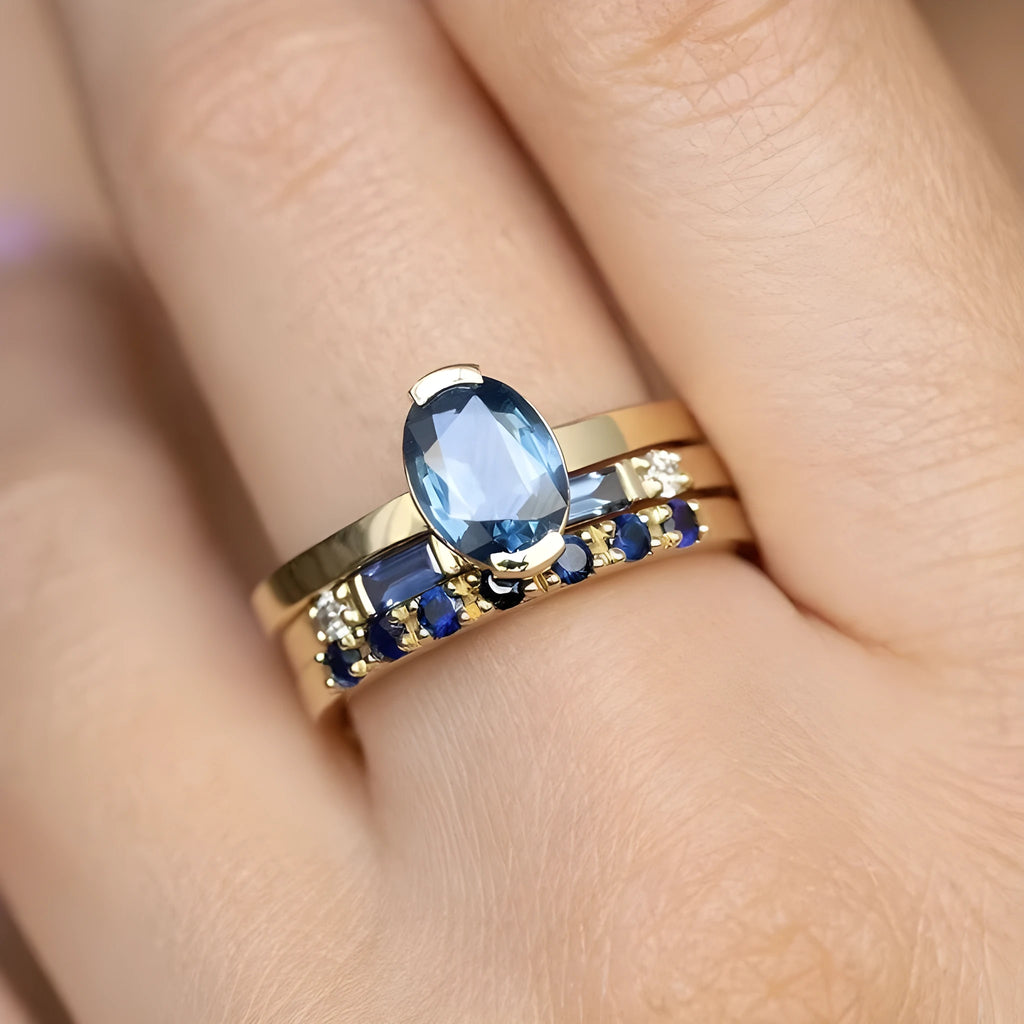 Gold tone three-piece women's ring set with inlaid topaz and geometric shape, sizes No.6 to No.10