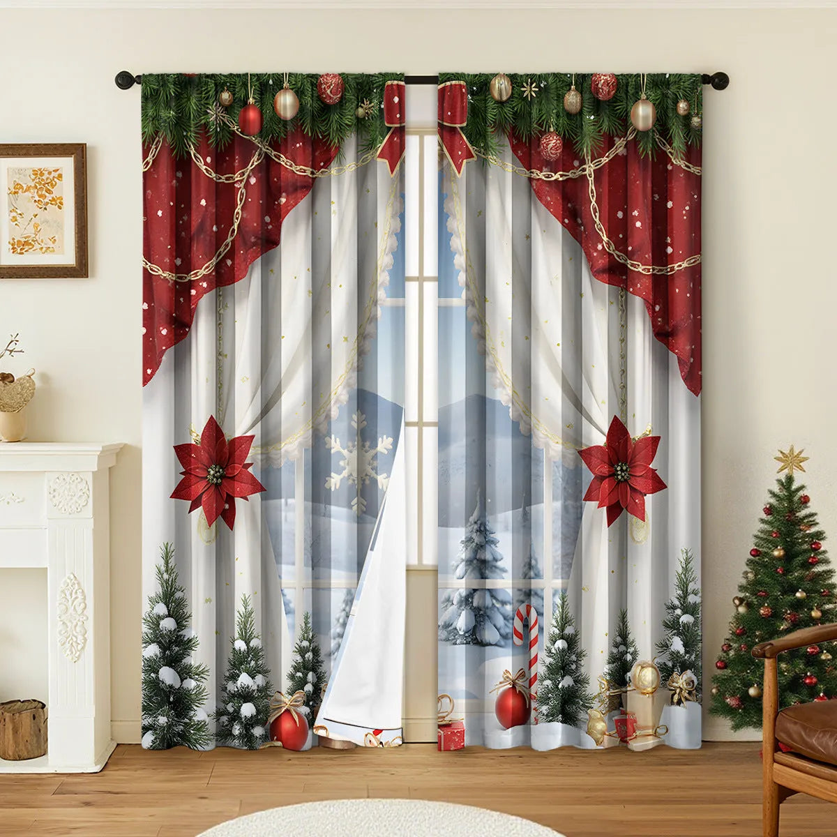 A pair of 3D digitally printed Christmas curtains with festive patterns, made from polyester fabric.