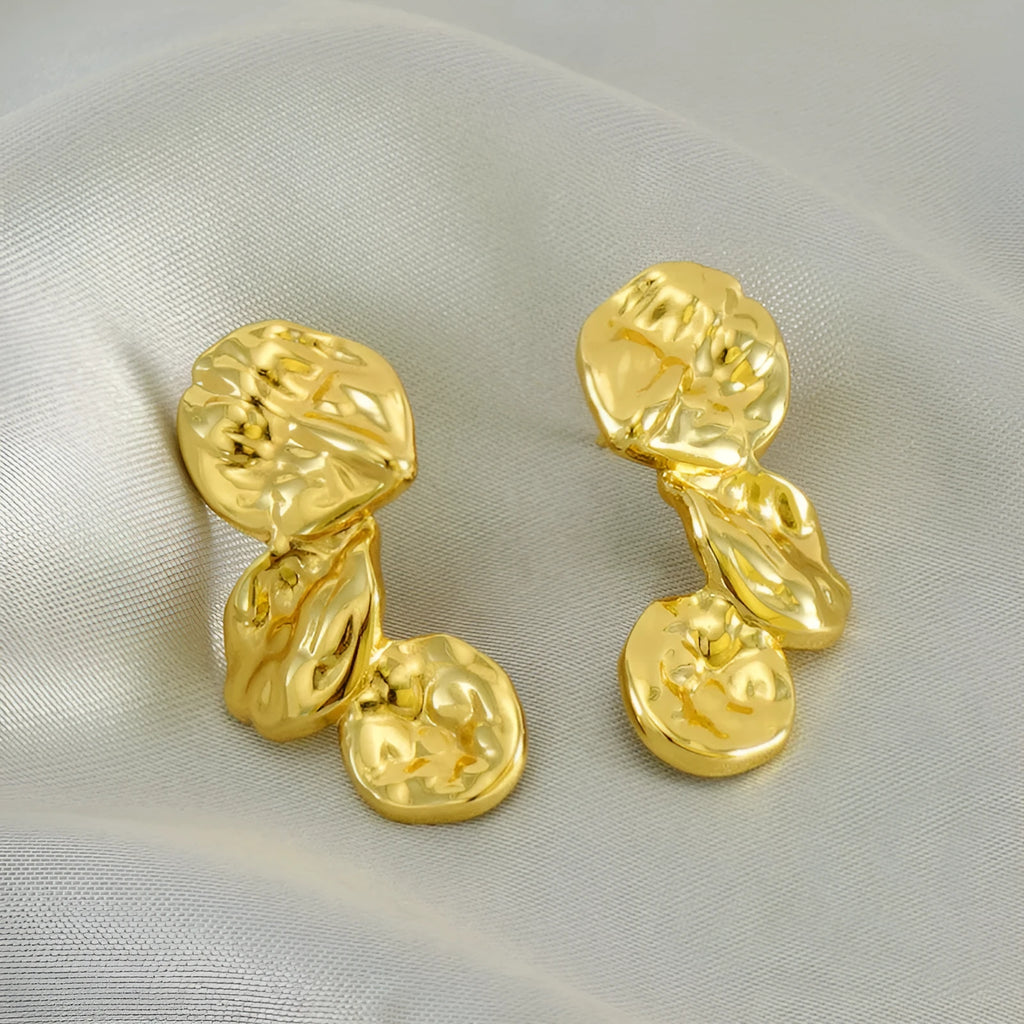Gold stainless steel vintage petal earrings with irregular geometric shape and asymmetric folding design