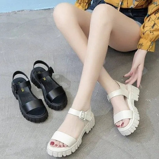 Women's beige peep toe ankle-strap buckle platform sandals in college style on a white background.
