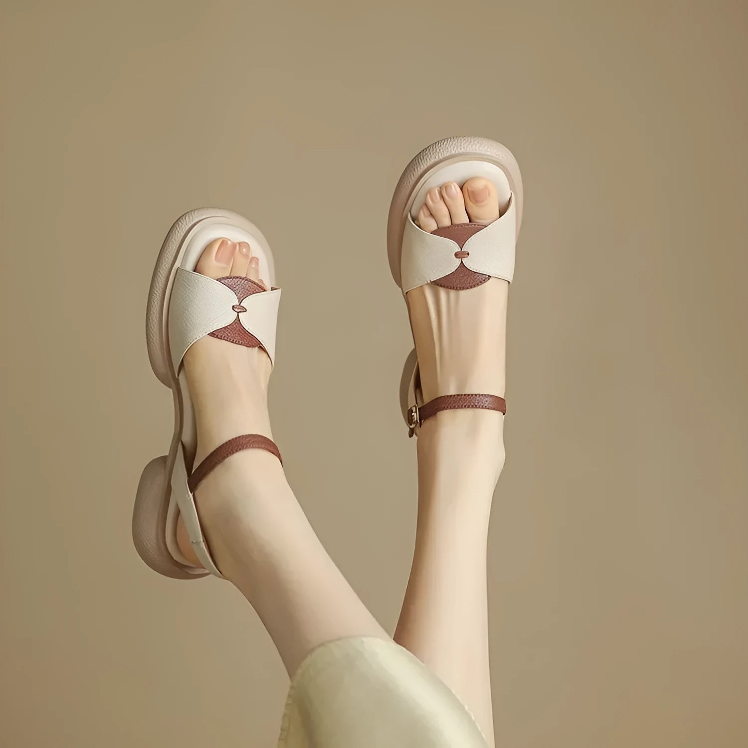 Women's khaki chunky heel platform open toe sandals made from renewable leather