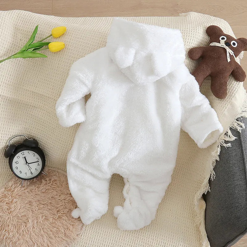 Cartoon bear velvet romper thickened long sleeve baby jumpsuit in white khaki pink grey