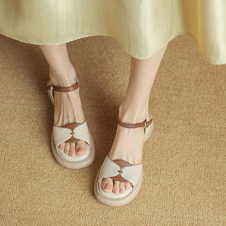 Women's khaki chunky heel platform open toe sandals made from renewable leather