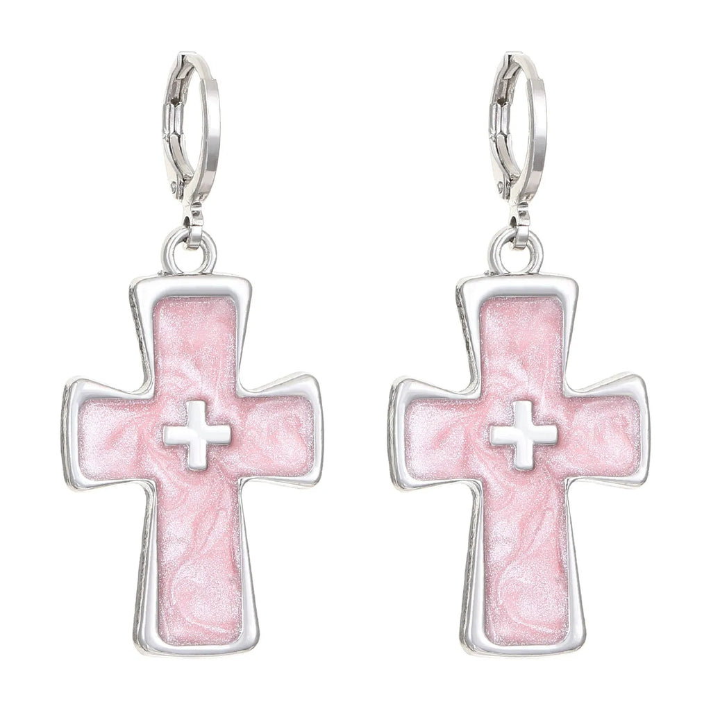 Women's alloy earrings with cross crystal designs in white, black cat, and antique silver colour options