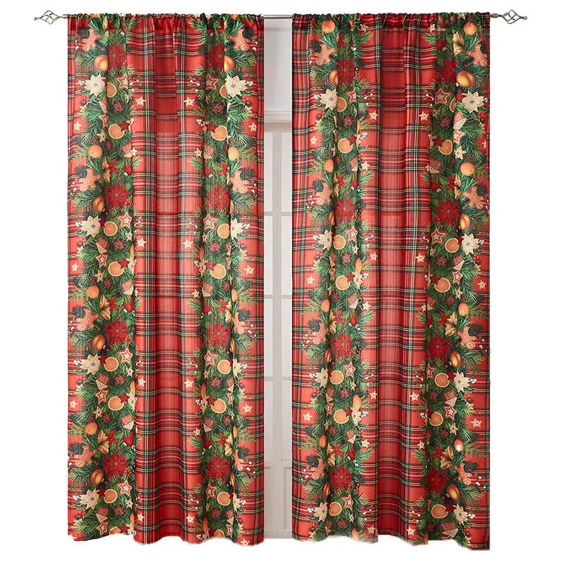 American-style rectangular polyester curtain with Christmas print patterns in red and blue colour schemes