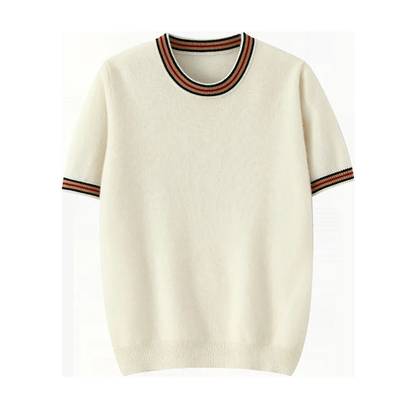 Men's short sleeve pure wool sweater in round neck pullover style, shown in grey