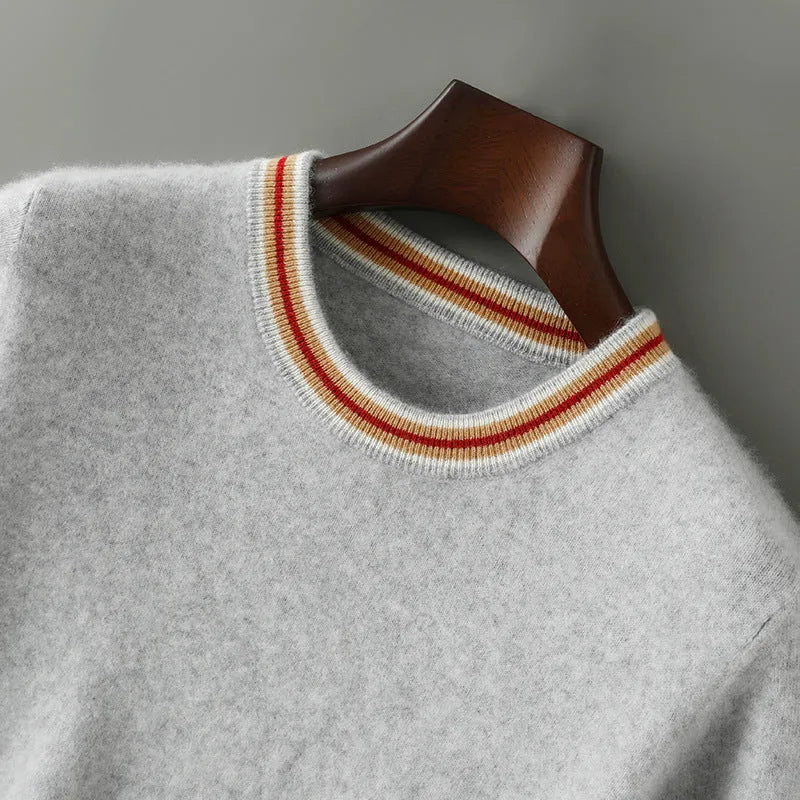 Men's short sleeve pure wool sweater in round neck pullover style, shown in grey